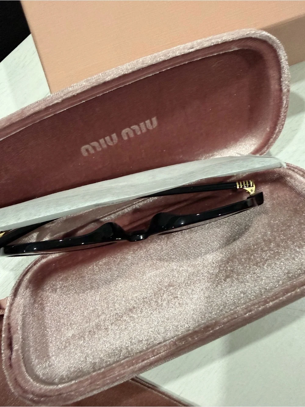 Miu Miu Black Oval Sunglasses with Pink Velvet Case